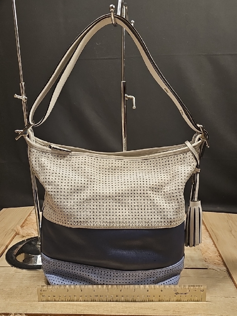 Coach three-Tone Perforated Leather Hobo in White, Navy & Light Blue - Picture 8 of 11